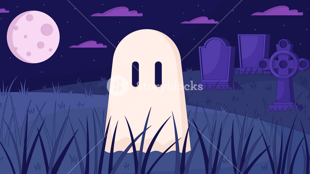 Adorable ghost at night graveyard lo fi animated cartoon background. Spirit floating at midnight full moon lofi aesthetic live wallpaper animation. Old cemetery color chill scene 4K video motion graphic