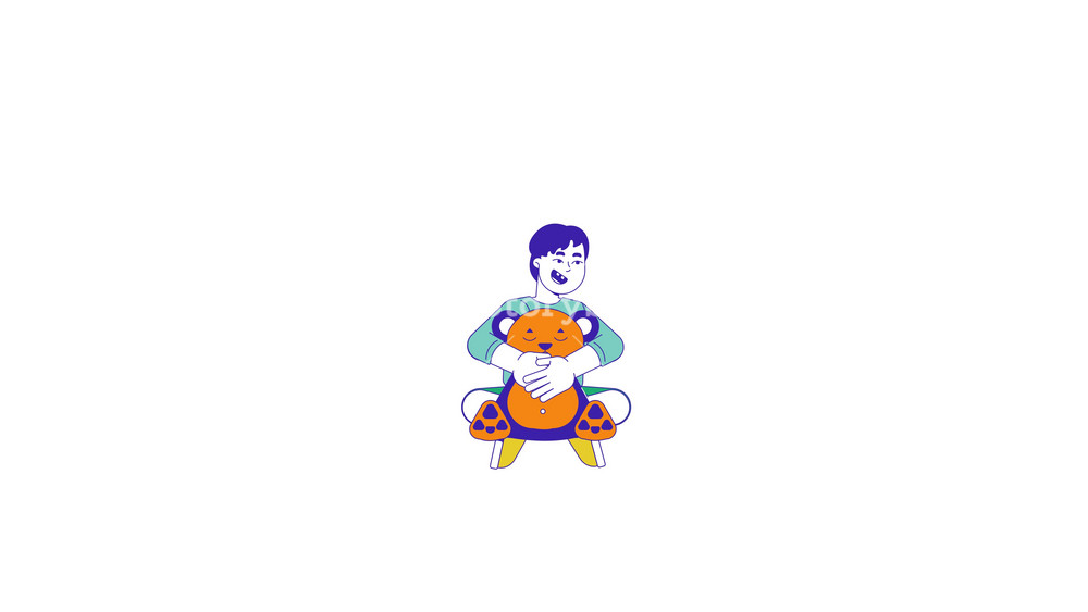 Happy asian boy hugging teddy bear 2D character animation. Healthy childhood cartoon 4K video, alpha channel. Joyful toddler kid holding favorite toy animated person on white background