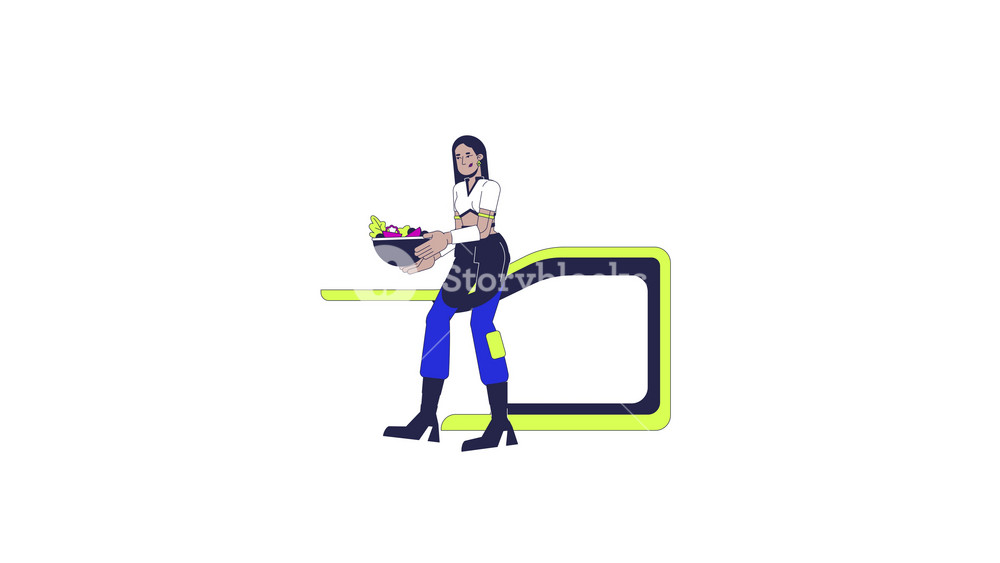 Futuristic woman serving salad on dinner table 2D character animation. Vegan lunch cartoon 4K video, alpha channel. Middle eastern female serving meal healthy food animated person on white background