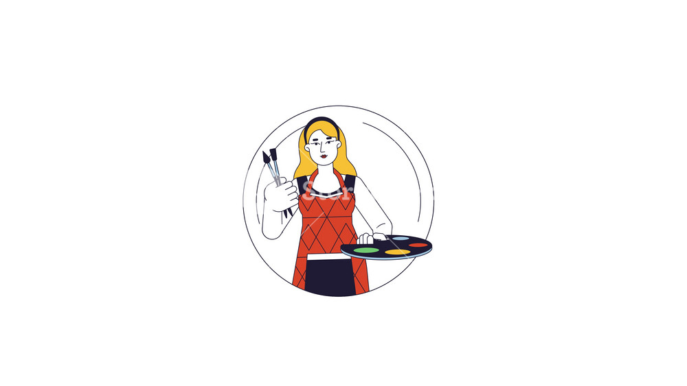 Creator archetype 2D cartoon avatar circle animation. Artistic spirit. Blonde woman painter talent. Artist holding paintbrushes and palette animated flat person round 4K video isolated on white