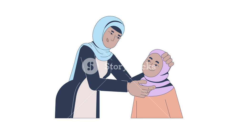 Muslim mother gently adjusting daughter hijab cartoon animation. Islam parenting, modest fashion. Islamic family life animated flat 2D characters 4K video isolated on white, scene storytelling