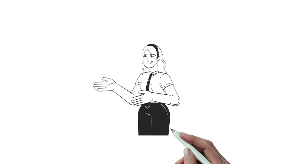 Frustrated blonde corporate woman gesturing presenting outline hand drawn 2D character animation. Businesswoman confused with open arms animated person handdrawn isolated. Doodle drawing 4K video