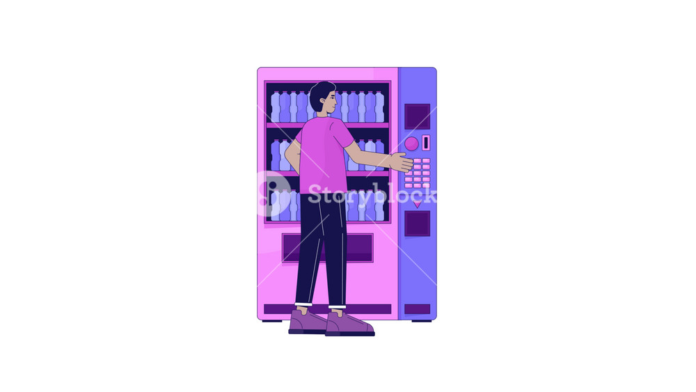 Indian man buying beverage vending machine line 2D character animation. Adult male purchasing water bottle flat color cartoon 4K video, alpha channel. Press button animated person on white background