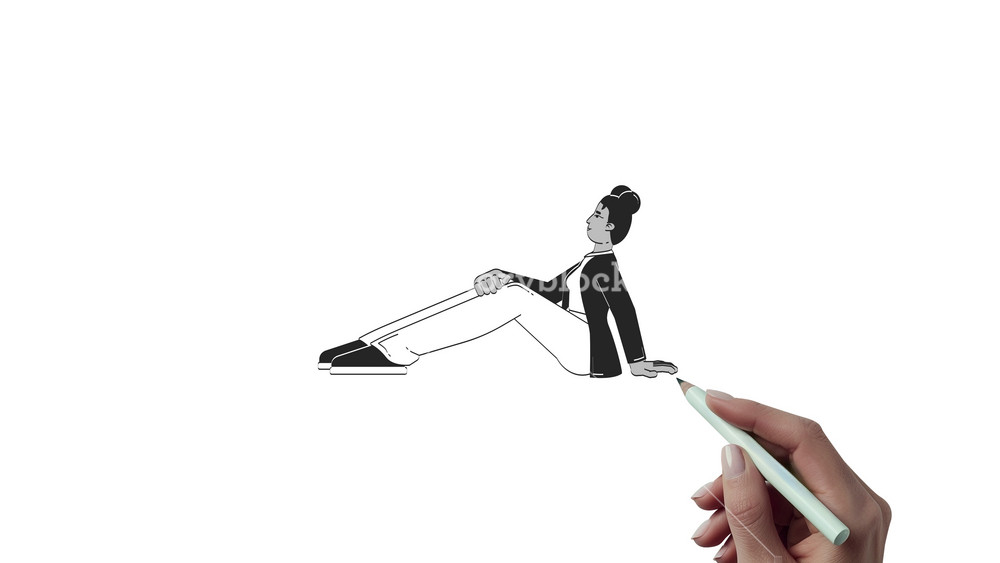 Casual black female employee sitting, leaning back outline hand drawn 2D character animation. African american corporate woman comfortable animated person handdrawn isolated. Doodle drawing 4K video
