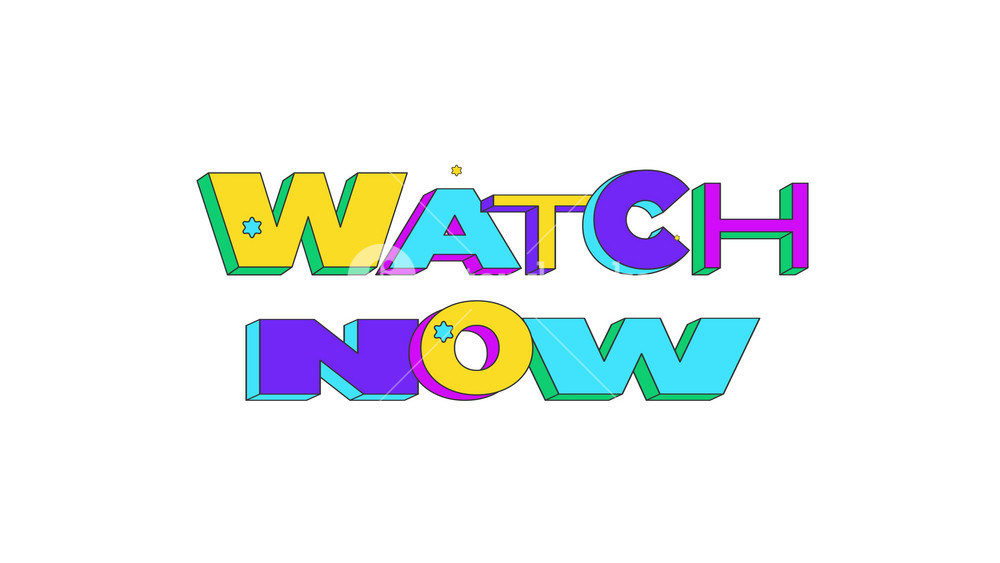 Watch now bouncy multicolor word animation. Prompt to instant view video, livestream. Media play. Live stream. Animated playful CTA. Fun call-to-action typography in squash-and-stretch motion