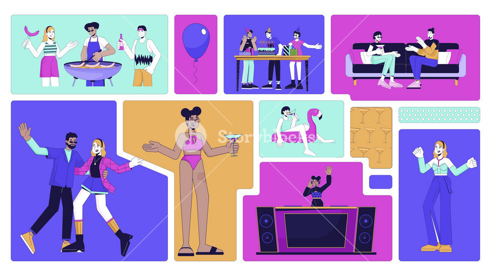 Party people fun bento grid animation. Celebration birthday barbecue. Clubbing young adults, dj female nightlife collage motion 4K video web design. Animated cartoon characters collection mood board