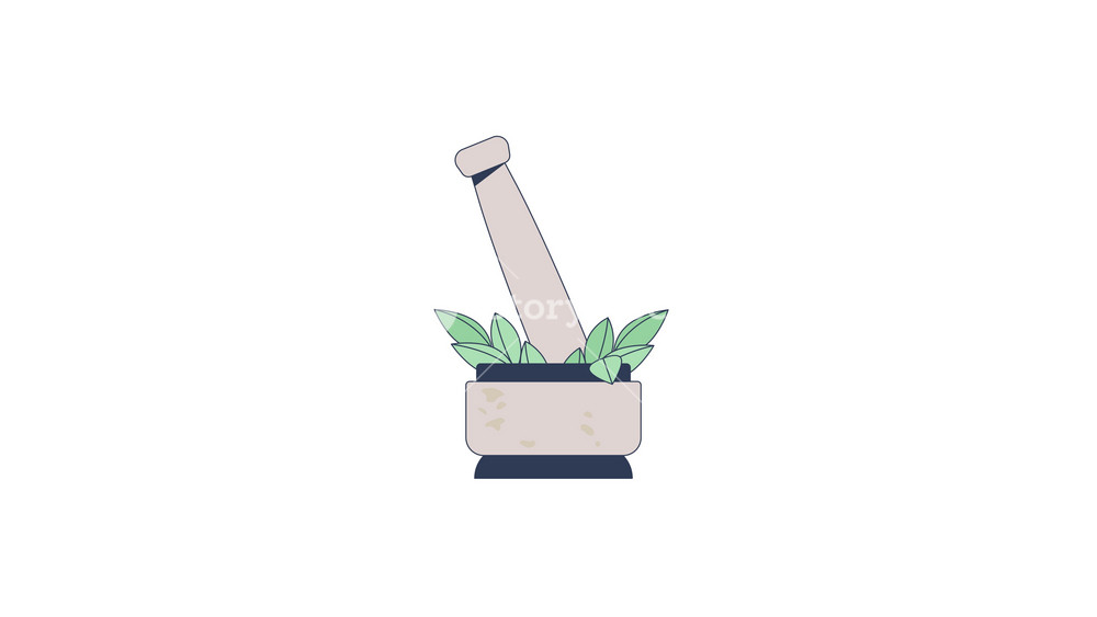 Grinding fresh herbs with mortar pestle 2D cartoon object animation. Herbal medicine cooking. Natural remedies. Organic spices preparation animated flat colorful item 4K video isolated on white