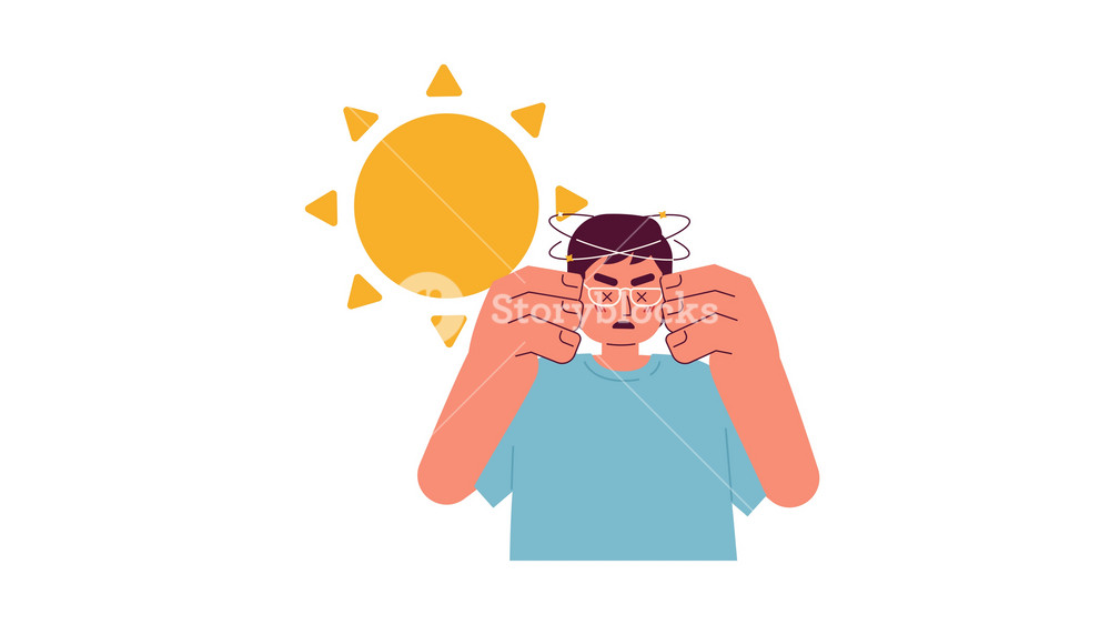 Sunstroke cartoon animation. Health damage. Overheating danger at hot weather 4K video motion graphic. Asian man suffering from heatstroke 2D color animated character isolated on white background