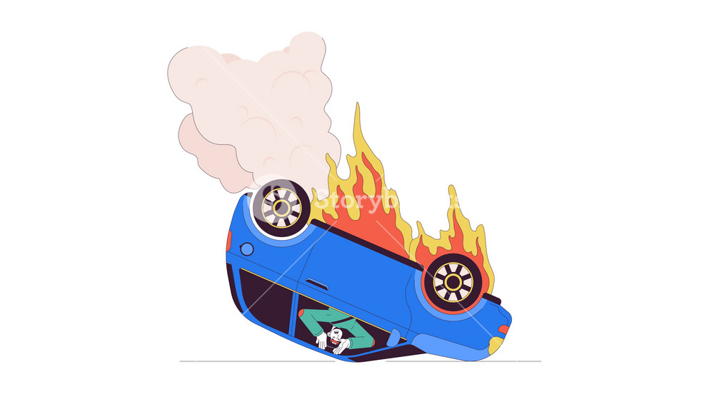 Asian man needing rescue from burning car line cartoon animation. Road accident 4K video motion graphic. Korean male trapped in auto on fire 2D linear animated character isolated on white background