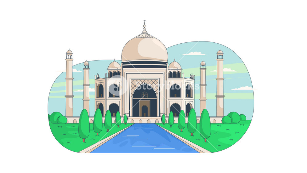 Taj Mahal landscape cartoon animation. India iconic monument. UNESCO world heritage. South Asia Mughal architecture with minarets animated flat 2D scene 4K video isolated on transparent background