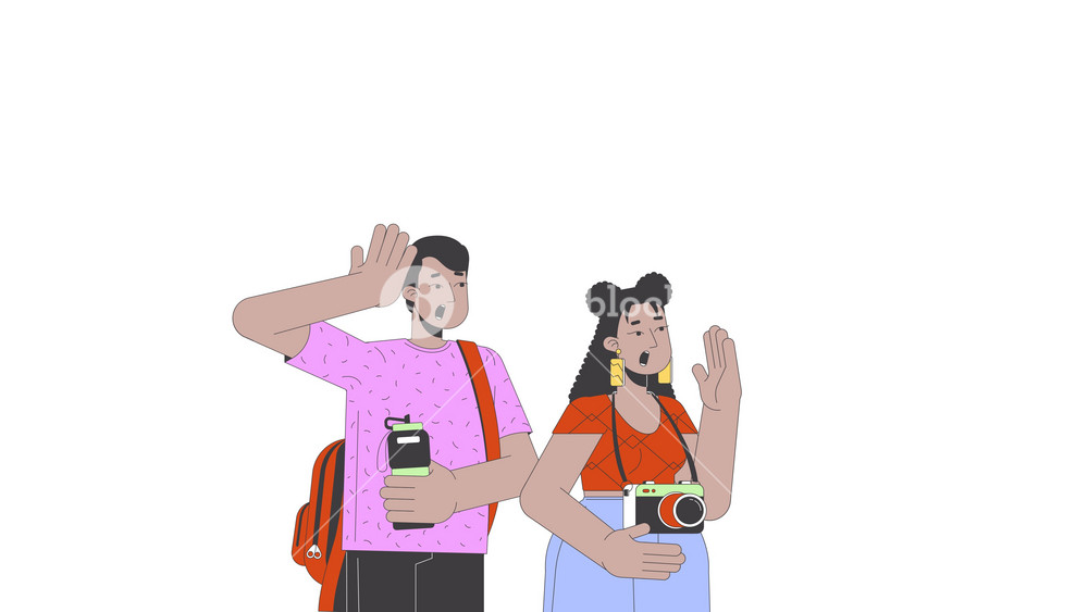 Excited mixed race couple traveling sightseeing line 2D characters animation. Excitement flat color cartoon 4K video, alpha channel. Diverse tourists together animated people on white background