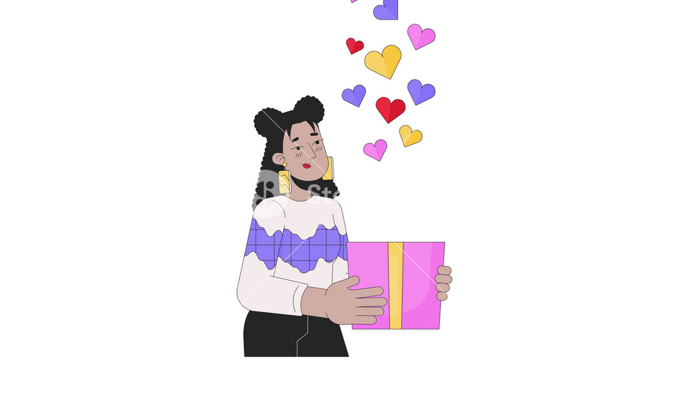 Beautiful woman in love giving valentine gift line 2D animation. Shy latina female holding giftbox 4K video motion graphic. Sweetheart affection linear animated cartoon flat concept, white background