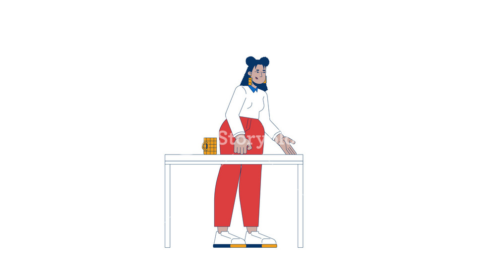 Business casual latina office worker explaining at table 2D character animation. Engaged woman cartoon 4K video, alpha channel. Female employee standing behind desk animated person on white background