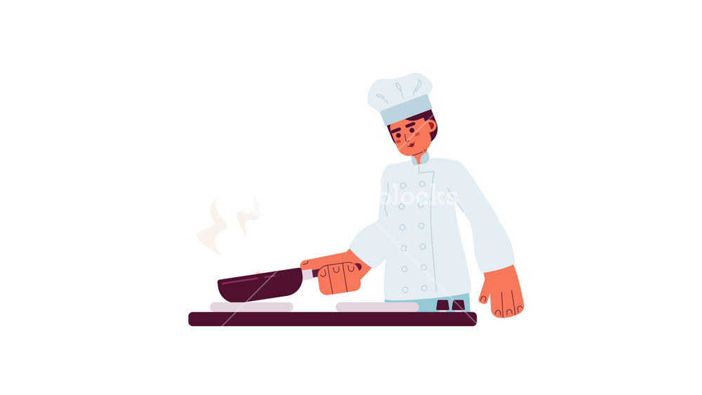 Asian female chef flipping vegetable on pan cartoon animation. Restaurant food cooking 4K video motion graphic. Positive woman preparing dish animated 2D character isolated on white background