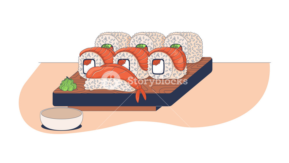 Japanese sushi platter with chopsticks and soy sauce cartoon animation. Seafood maki nigiri with salmon slices. Authentic food animated flat 2D composition 4K video isolated on white, still life