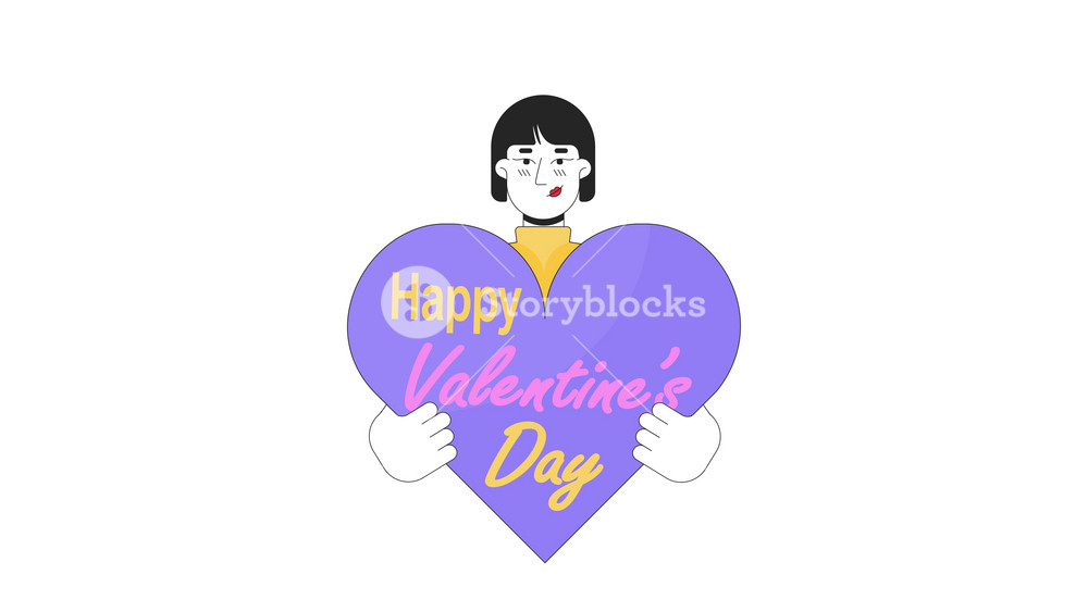Asian woman congratulates on valentine day line 2D animation. Korean female 4K video motion graphic. 14 february special day amour linear animated cartoon flat concept, white background