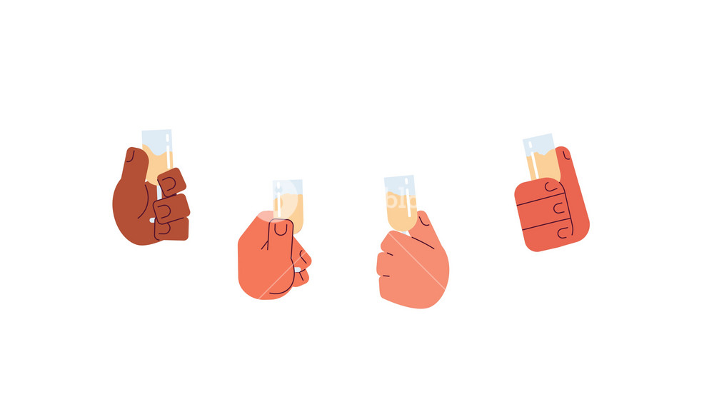 Diverse hands raising sparkling wine glasses in celebration 2D animation. Party cheers. Toasting festive wineglasses animated cartoon arms human body parts 4K video isolated on white transparent