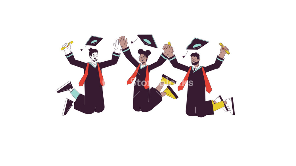 Excited graduates in air line 2D characters animation. Jumping celebration college graduation flat color cartoon 4K video, alpha channel. Diploma grad caps students animated people on white background
