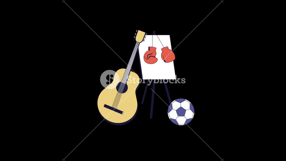 Hobbies leisure activities line 2D object animation. Recreational flat color cartoon 4K video, alpha channel. Acoustic guitar, easel, boxing gloves, soccerball animated item on transparent background
