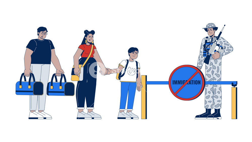 Anti-immigration cartoon animation. Border crossing control. Refugee crisis. Latino migrant family denied immigration entry animated flat 2D characters 4K video isolated on white, scene storytelling