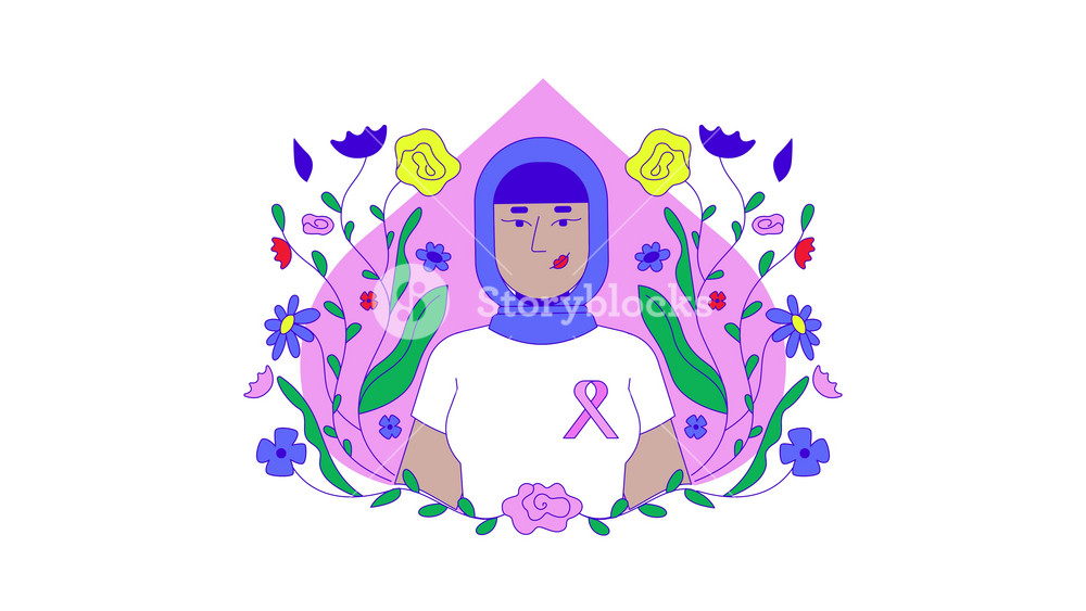 Muslim hijab woman promoting breast cancer awareness 2D animation. Mammogram campaign 4K video motion graphic. Arab female wearing pink ribbon animated character cartoon flat concept, white background