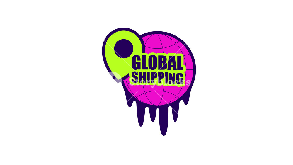 Global shipping acid rave funky sticker animated loop. International delivery. Y2K promo. Dripping globe pin. Badge label animation. Social media reels overlay. 4K video element. Playful motion