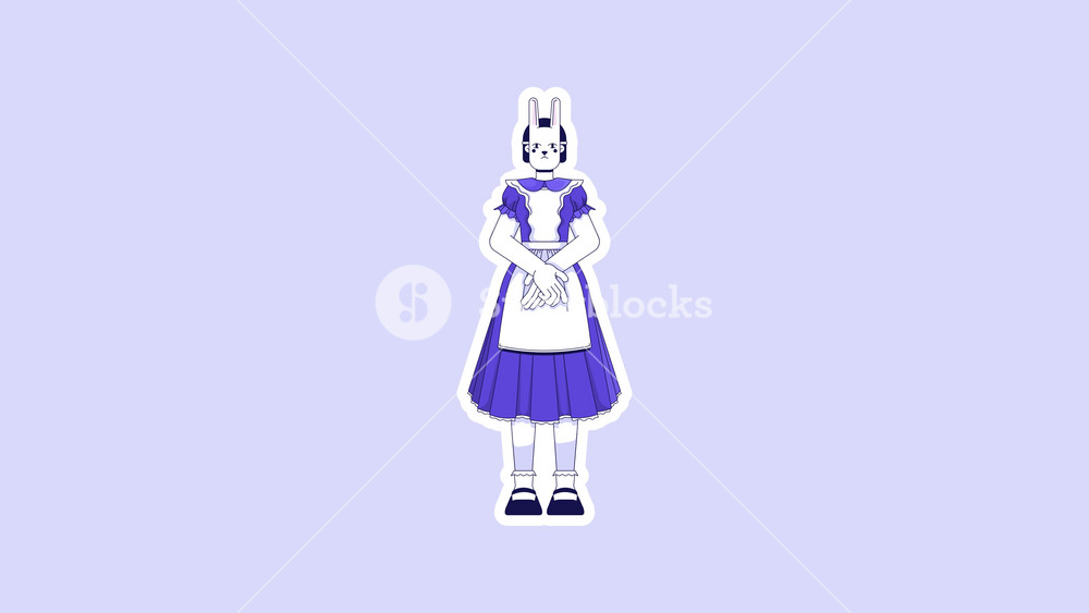 Rabbit maid character digital sticker animation. Fantasy bunny girl in vintage frilly apron dress. Isolated animated icon with transparent background. Applying die-cut design. 4K video overlay element