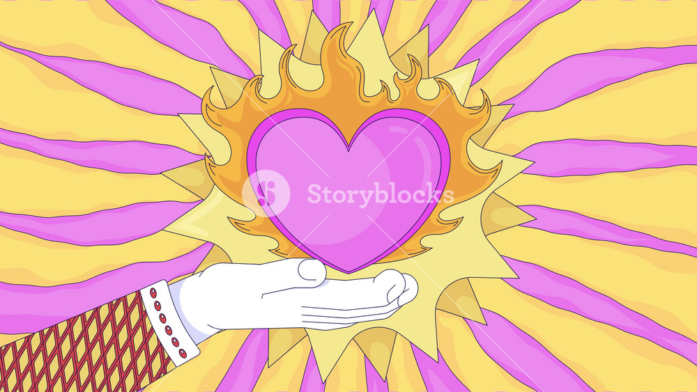 Burning heart held in radiant light lofi animation cartoon wallpaper. Y2K hand holding pink love symbol in yellow flames rotating. Lo fi 2D animated background 4k video. Concept chill aesthetic
