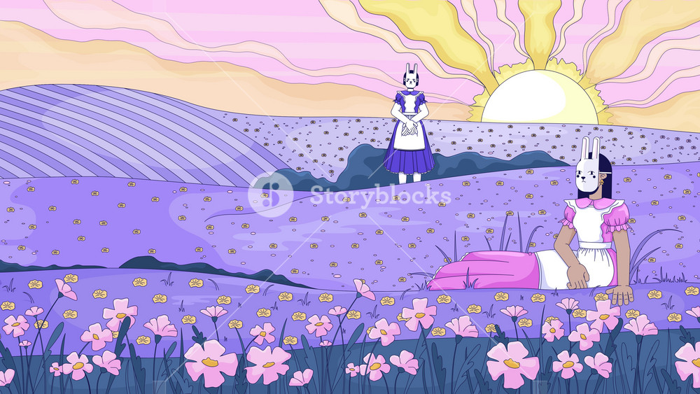 Rabbit girls appearing in lavender flower field lofi animation cartoon wallpaper. Bunny masks in frilly aprons. Surreal fantasy. Lo fi 2D animated background 4k video. Concept chill aesthetic