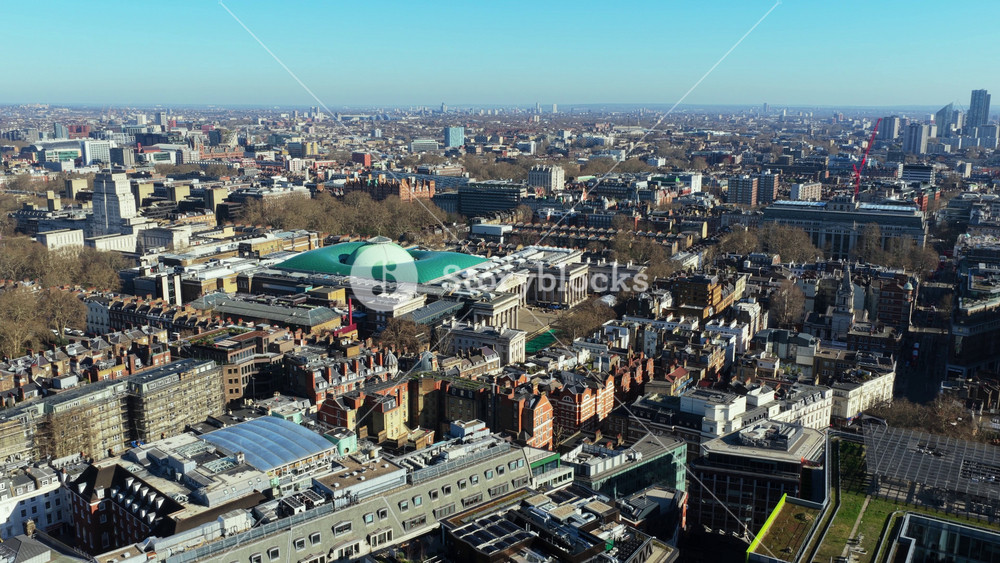 Expansive London cityscape featuring British Museum in Bloomsbury and sprawling urban landscape of Holborn with its mix of modern and