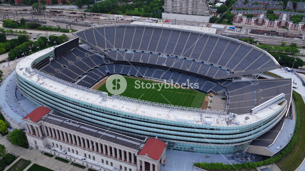 Soldier Field in Chicago Illinois empty seats and green turf, of Chicago Bears football team and Chicago Fire FC soccer club,