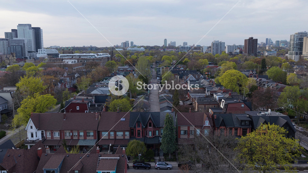 Aerial perspective of residential houses and green trees in a North American neighborhood during springtime, with modern skyscrapers on