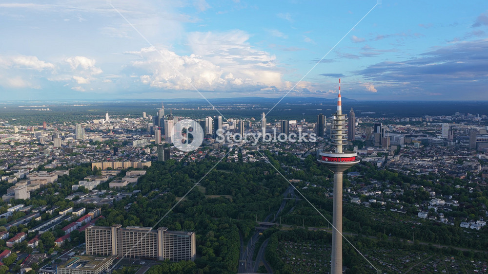 Frankfurt am Main showcasing Europaturm telecommunication tower and futuristic urban landscape with modern skyscrapers dotting the cityscape