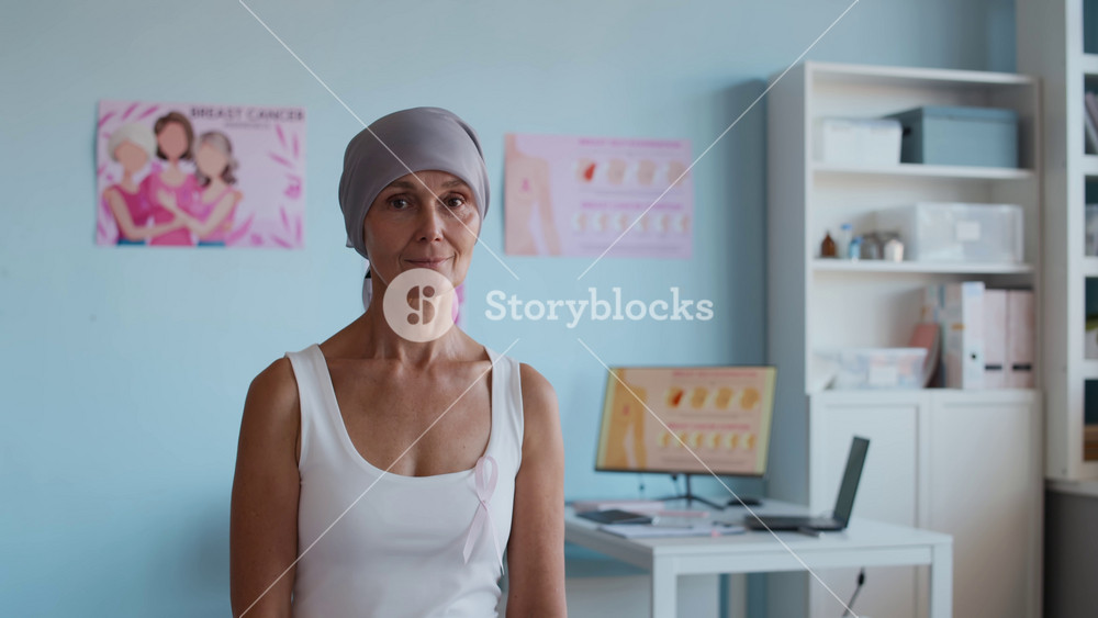 Medium portrait of middle-aged Caucasian woman with breast cancer wearing headscarf and pink ribbon looking at camera in clinic, copy space