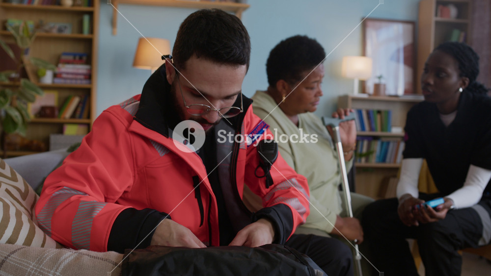Handheld shot of male paramedic in uniform taking vials from first aid bag while female colleague talking to senior patient and prescribing pills in background