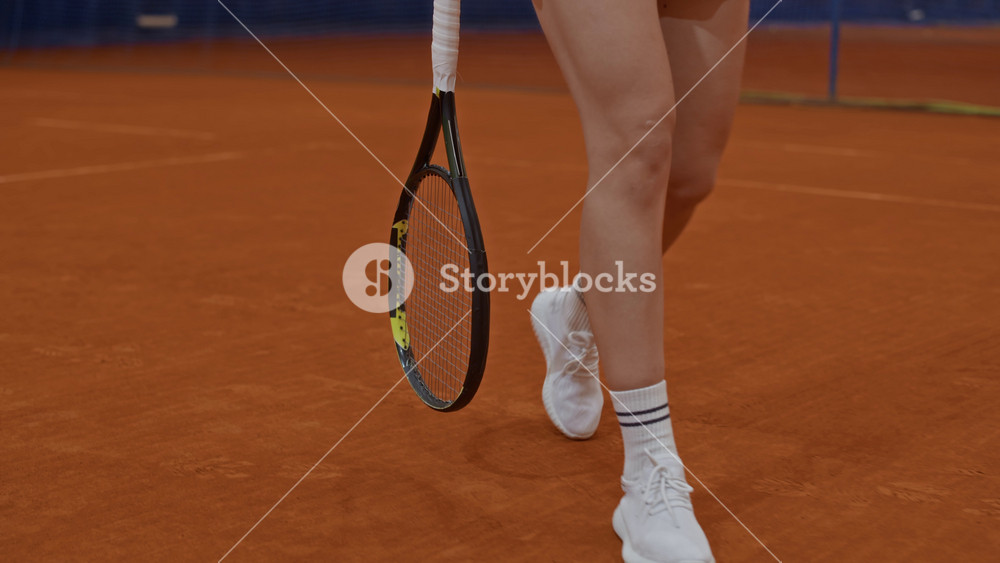Cropped shot of young woman in training shoes picking up ball from clay court with racket using dribbling motion during sports match, slow motion