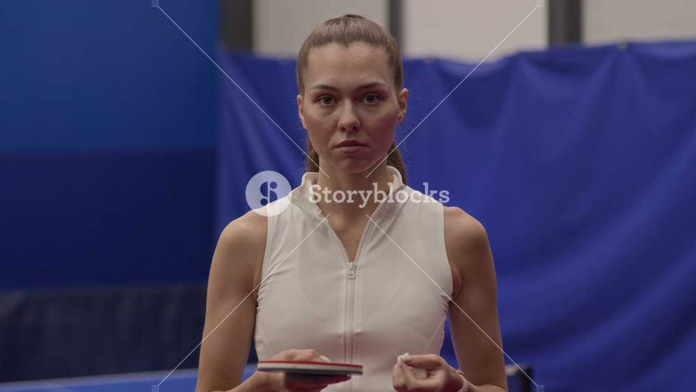 Portrait of young woman in training tank top dribbling tennis ball with racket then turning to camera with confident look while standing in table tennis hall, slow motion