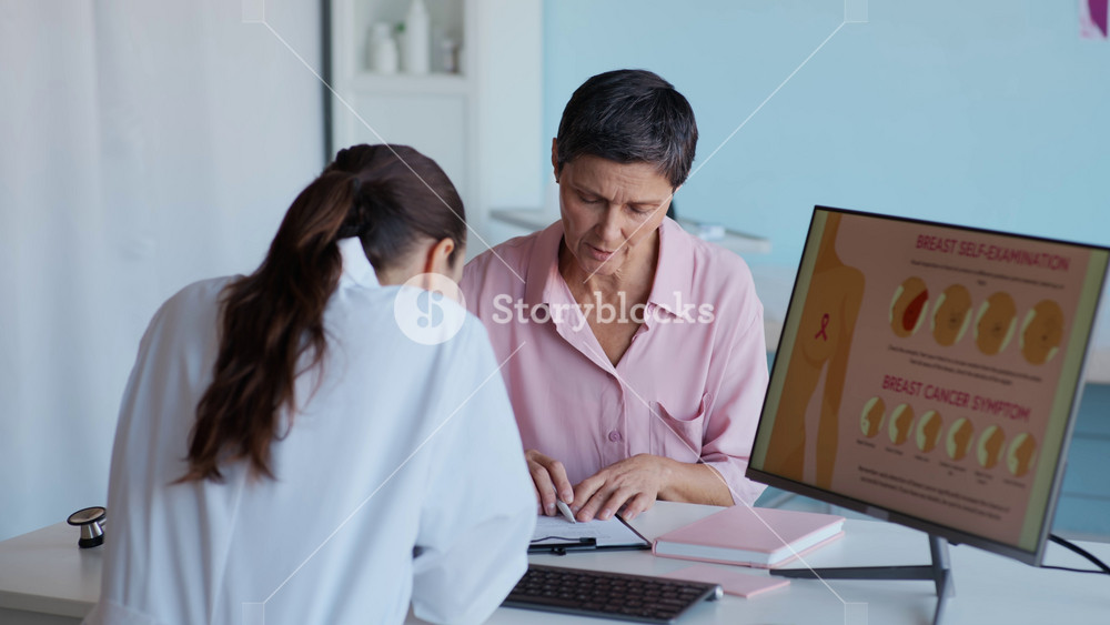 Medium shot of female oncologist in white coat guiding middle-aged patient filling medical form sitting at table with breast cancer illustration on computer screen in clinic