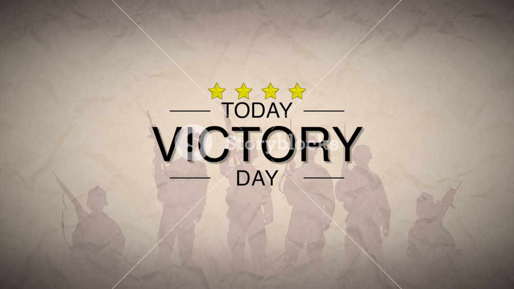 Victory Day with silhouette of soldiers and warfare stars, motion holidays, military and warfare style background