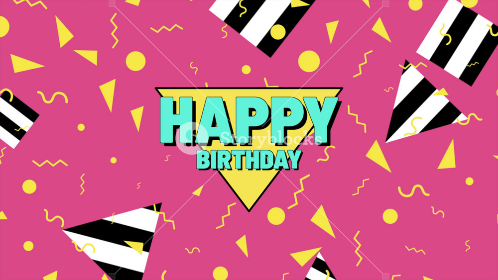 Colorful geometric birthday card with Happy Birthday written in yellow and black. Pink and yellow polka dot background adds a playful touch