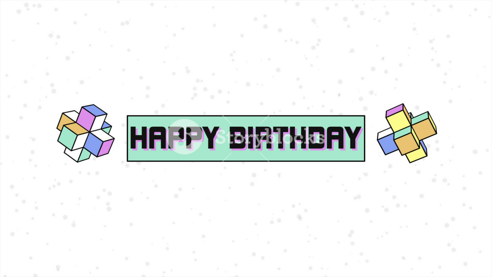 A colorful pixelated Happy Birthday banner in shades of blue, purple, and pink against a white background. Perfect for adding a festive touch to any birthday celebration