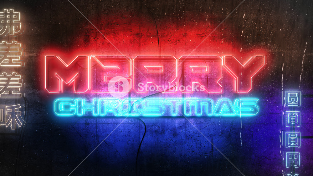 Animation text Merry Christmas and cyberpunk animation background with neon lights on wall of city. Modern and futuristic dynamic style for cyberpunk and cinematic theme