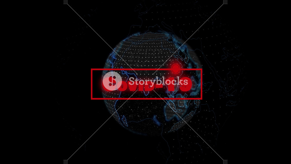 3D animation, Covid-19 appearing at the background of Earth with red dot on China spinning and more dots appearing on Europe. Spread of Coronavirus disease, 2019-nCov, global hazard, pandemic risk.
