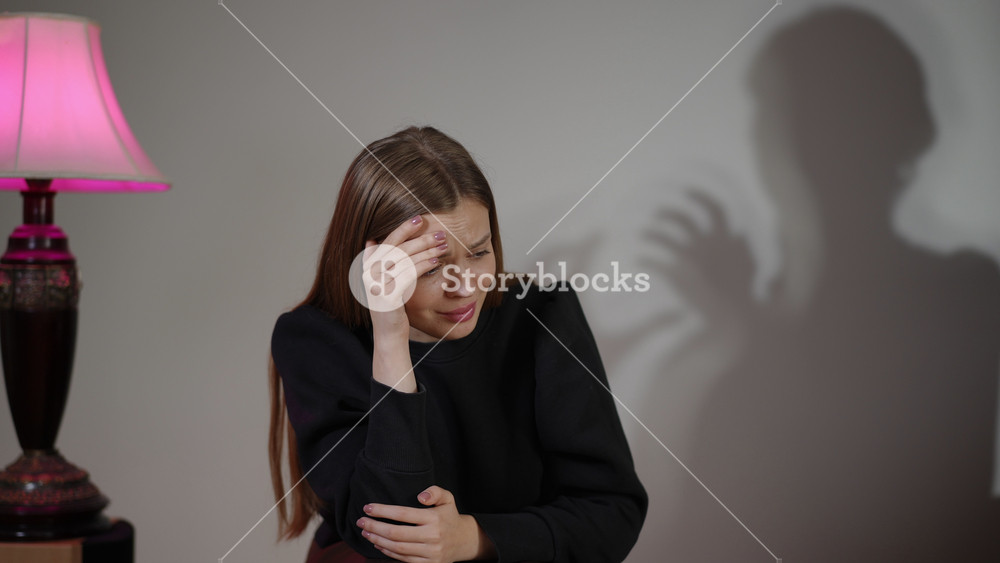 Uneasy female detects sinister figure nearby, Anxious woman perceives looming threatening silhouette behind her, Tense woman observes
