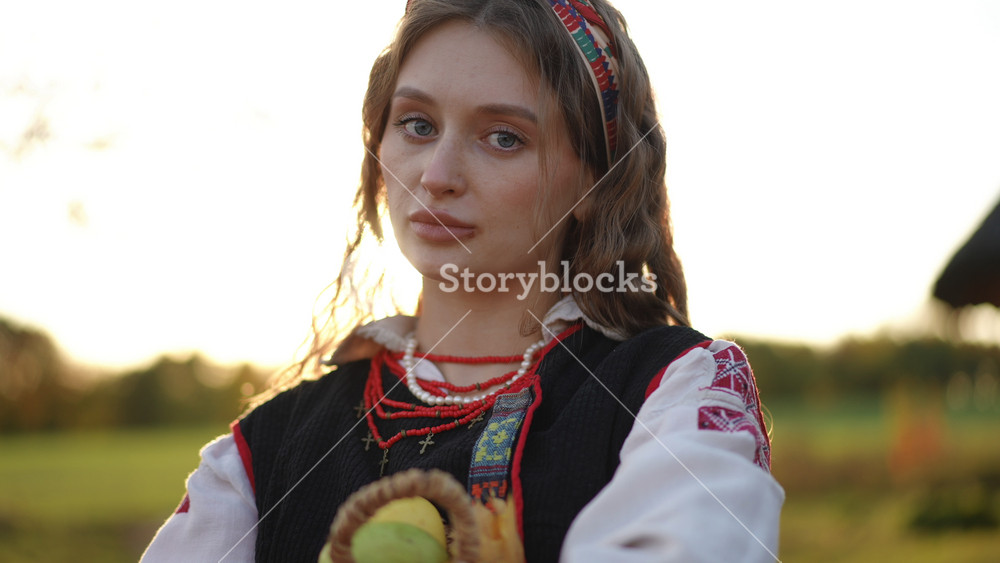 Young woman in black vest and embroidered shirt stands in front of a traditional house, holding a basket with apples and gazing thoughtfully
