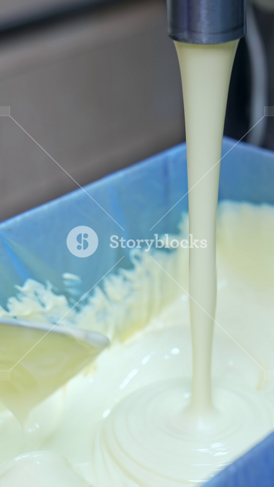 Factory for butter production. Creamy white dairy product pouring into box. Making fresh butter on a milk farm. Dairy product manufacturer. Hand of worker is mixing butter. Close-up.. Vertical video