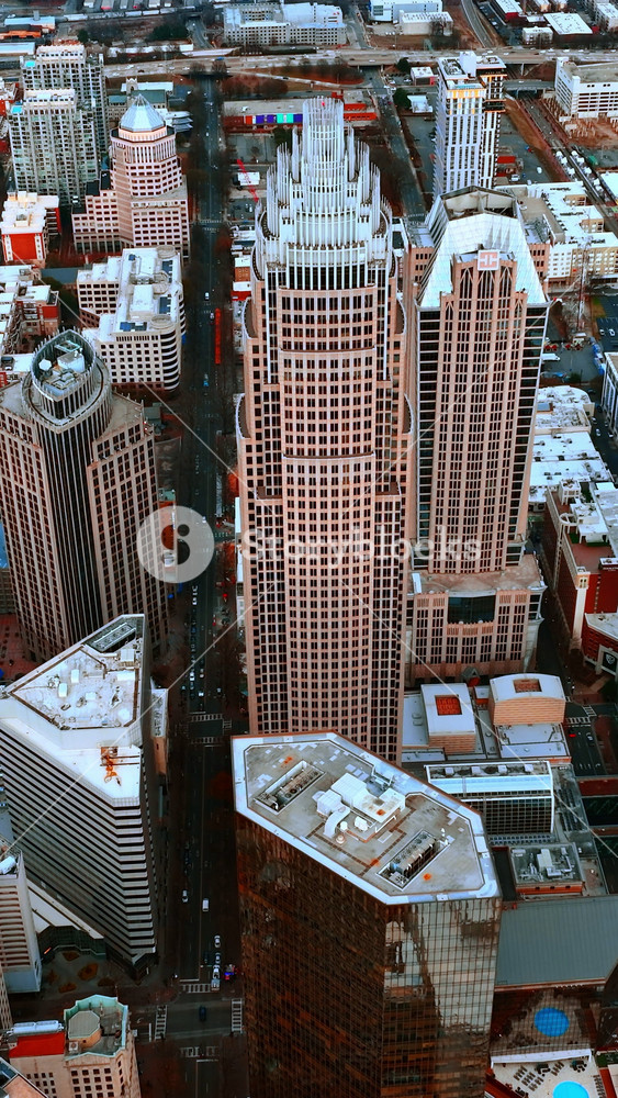 A few wonderful skyscrapers in the downtown of American uptown. Top view on the cityscape of Charlotte, North Carolina. Vertical video