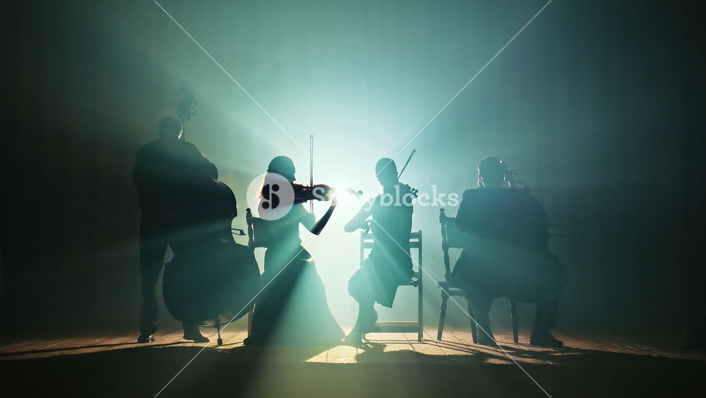 Silhouette of Musicians. On the Stage of the Theater, a Quartet of Musicians Performs Pieces of Music on a Violin, Cello and Double in Smoke