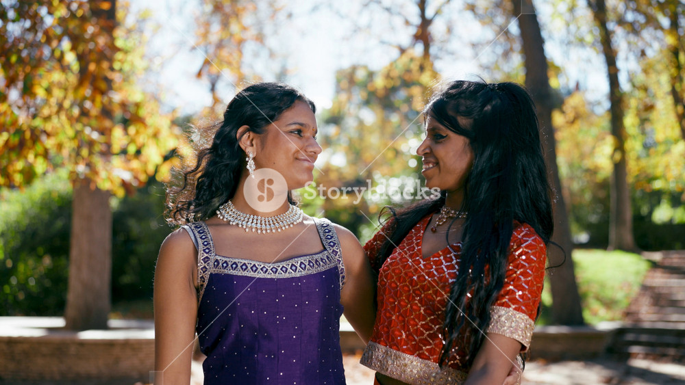 Two beautiful indian women wearing traditional clothing and jewelry are hugging each other and smiling in a sunlit park with autumn trees