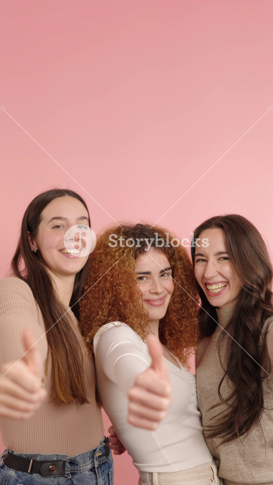 Group of cheerful female friends showing thumbs up gesture of approval, like and agreement, posing together on pink background